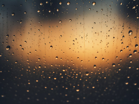 rain drops on window glass with sunset sky background - vintage filter effectの写真素材