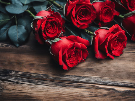 Bouquet of red roses on a wooden background with space for textの写真素材