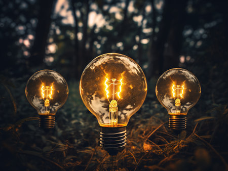 Light bulbs glowing in the forest. Idea concept. Vintage tone.の写真素材