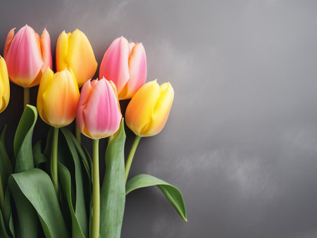 Bouquet of colorful tulips on gray background, top viewの写真素材