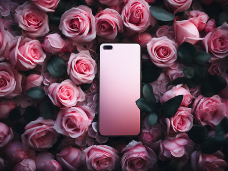 Smartphone with blank screen and pink roses on a pink background.の写真素材