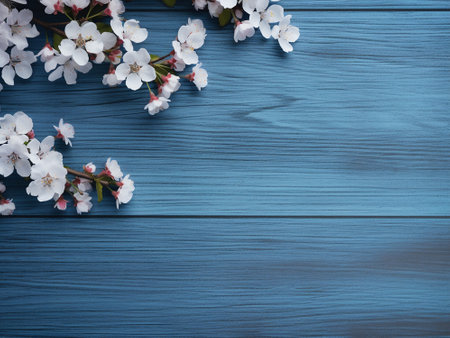 cherry blossom on blue wooden background with copy space for textの写真素材