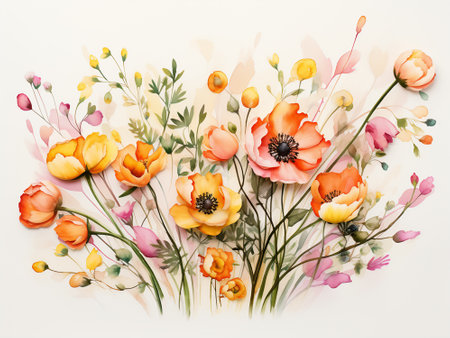 Flowers composition on white background. Hand drawn watercolor illustration.の写真素材
