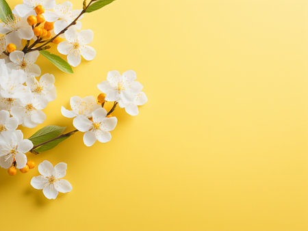 Spring branch with flowers on yellow background. Flat lay, top viewの写真素材