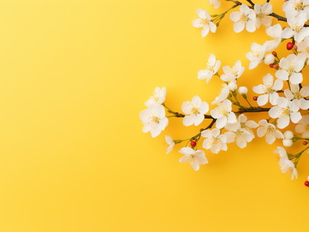Flowers composition. Cherry blossom branches on yellow background. Flat lay, top view, copy spaceの写真素材