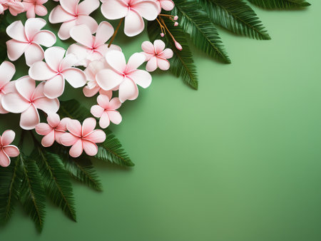 White and pink frangipani flowers with green leaves on green backgroundの写真素材