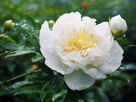 Beautiful white peony with raindrops on the petals.の写真素材