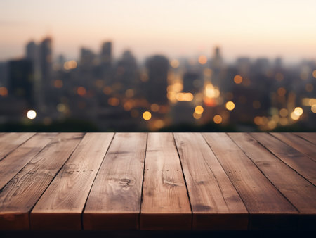 Empty wooden table and blurred view of city at sunset. Ready for product display montageの写真素材