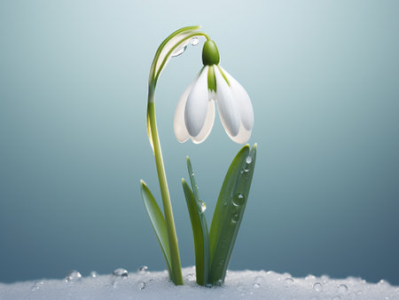 Snowdrop flower in the snow with water drops. 3d illustrationの写真素材