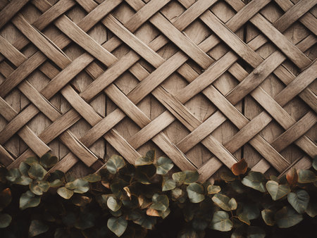 bamboo wall texture background with leaves and space for text.の写真素材