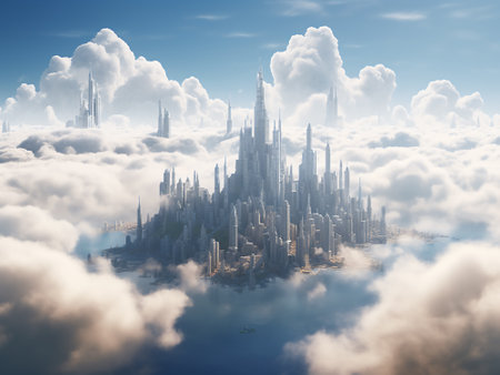 Fantasy alien planet in the clouds. 3d render illustration.の写真素材