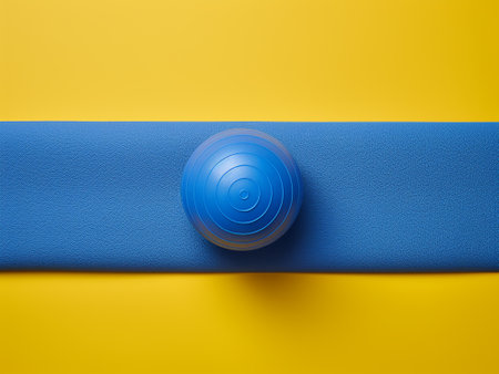 Blue fitness ball and blue yoga mat on yellow background. Top viewの写真素材