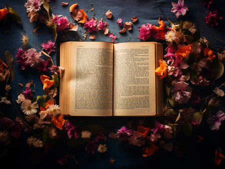 Open book with flowers on dark blue background, top view, toned