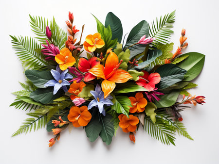 Flower arrangement on white background. Flat lay, top view.の写真素材