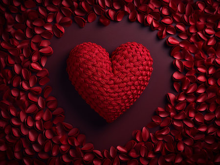 Heart made of red petals on a dark background. 3d rendering