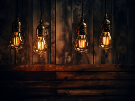 Vintage Edison light bulbs on dark wooden background. Idea concept.の写真素材