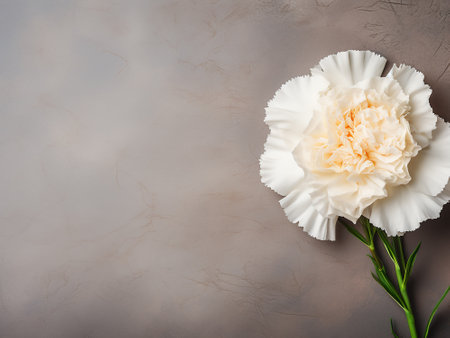White carnation flower on gray background. Top view with copy spaceの写真素材