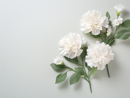 Beautiful white carnation flowers on gray background. Flat lay, top view.の写真素材