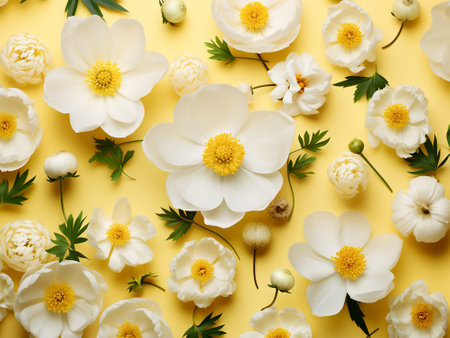 Flowers composition. Pattern made of white flowers on yellow background. Flat lay, top view, copy spaceの写真素材