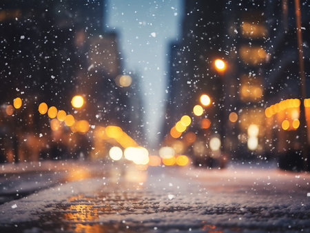 Winter city street with snowflakes, defocused lights and buildings