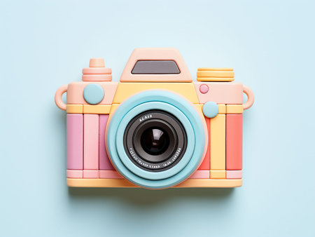 Retro camera on pastel blue background. Minimal style.