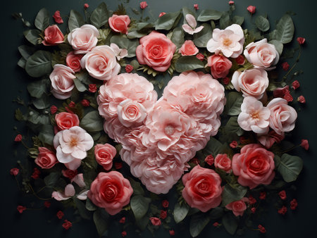 Heart of pink and white roses with green leaves on dark background.の写真素材