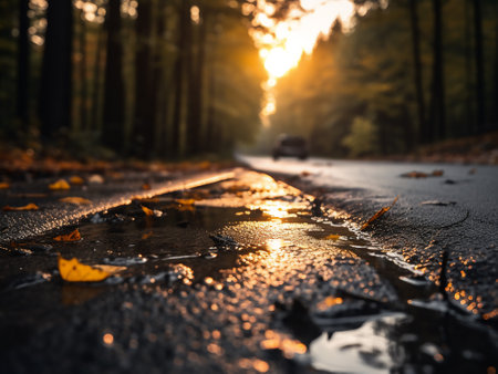 Autumn road in the forest with fallen leaves on the asphalt.の写真素材