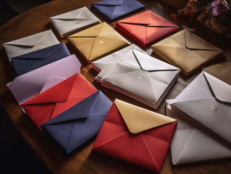 Colorful paper envelopes on a wooden table. Selective focus.の写真素材