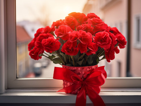 Bouquet of red roses on the windowsill with red ribbonの写真素材