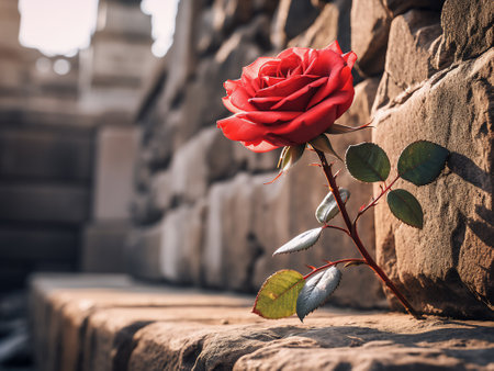 Beautiful red rose on the stone wall background, vintage style.の写真素材