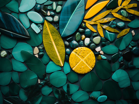 Abstract background of green and yellow leaves and black stones on a blue background