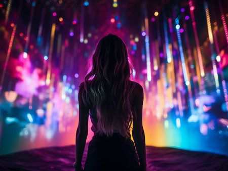 Silhouette of a beautiful girl dancing in the nightclub at night