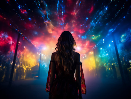 Young woman in red dress in the dark with lights and smoke.