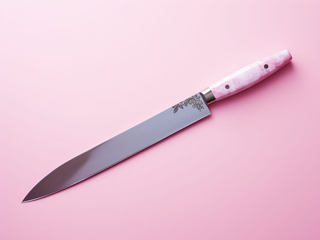 Kitchen knife on a pink background. Top view. Copy space.