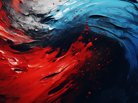 Abstract background of red and blue acrylic paint splashes on black background