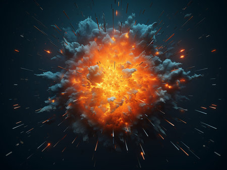 3d illustration of explosion with sparks and smoke on dark blue background