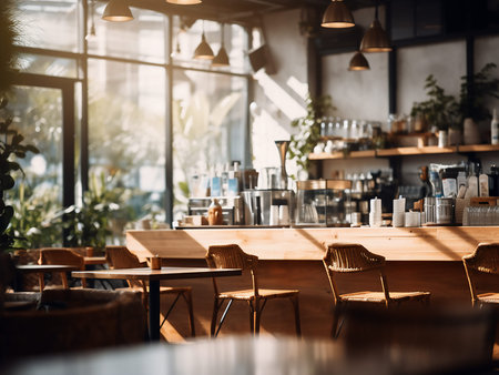 Coffee shop interior with wooden tables and chairs, selective focus