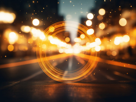 Abstract glowing circle on blurred city background. Technology concept. 3D Rendering