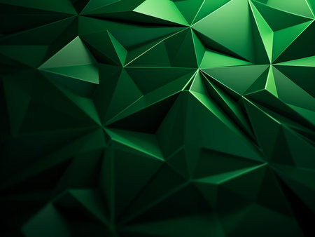 Abstract 3d rendering of chaotic polygonal shape. Dark green background.