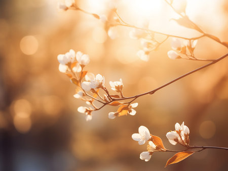 Beautiful blooming branch of cherry tree in sunset light. Spring background