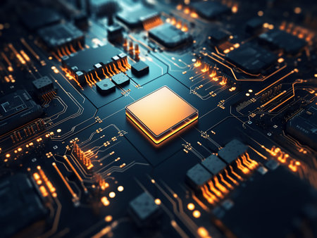Close-up of electronic circuit board. technology background. 3D rendering