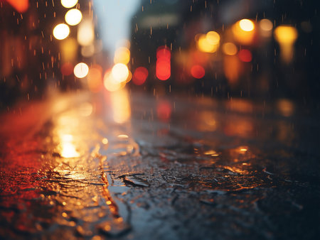 Raindrops on the asphalt in the city. Blurred background.