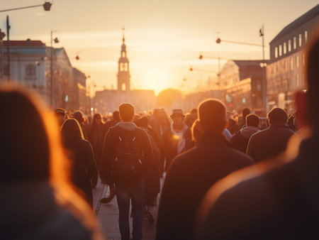 Crowd of people walking in the center of Stockholm at sunset.