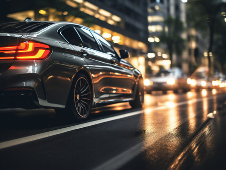 Car on the road in city at night. Blurred background.