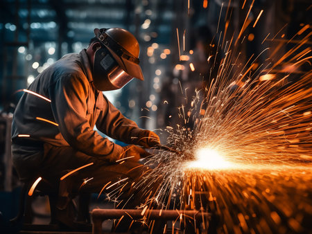 Industrial worker with protective mask welding steel structure at factory. Metalwork manufacturing...