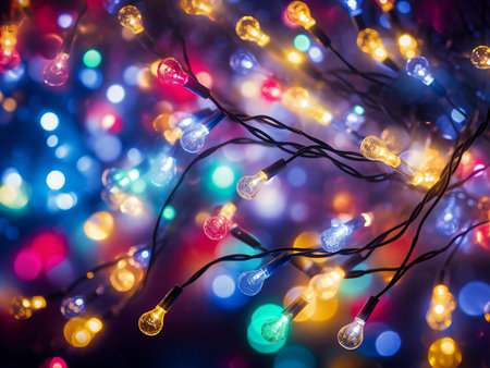 Colorful Christmas lights on a dark background. Bokeh effect