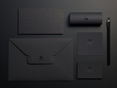 Top view of black stationery set on black background. Mock up for branding identity.