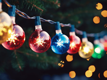 Colorful Christmas ornaments hanging on the Christmas tree at night