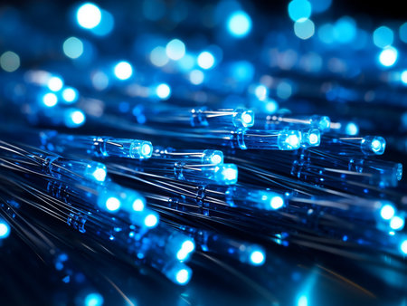 fiber optical network cable close up with blue light flare bokeh