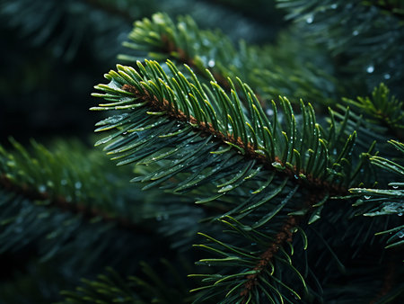 Fir tree branch with dew drops close-up. Natural background.